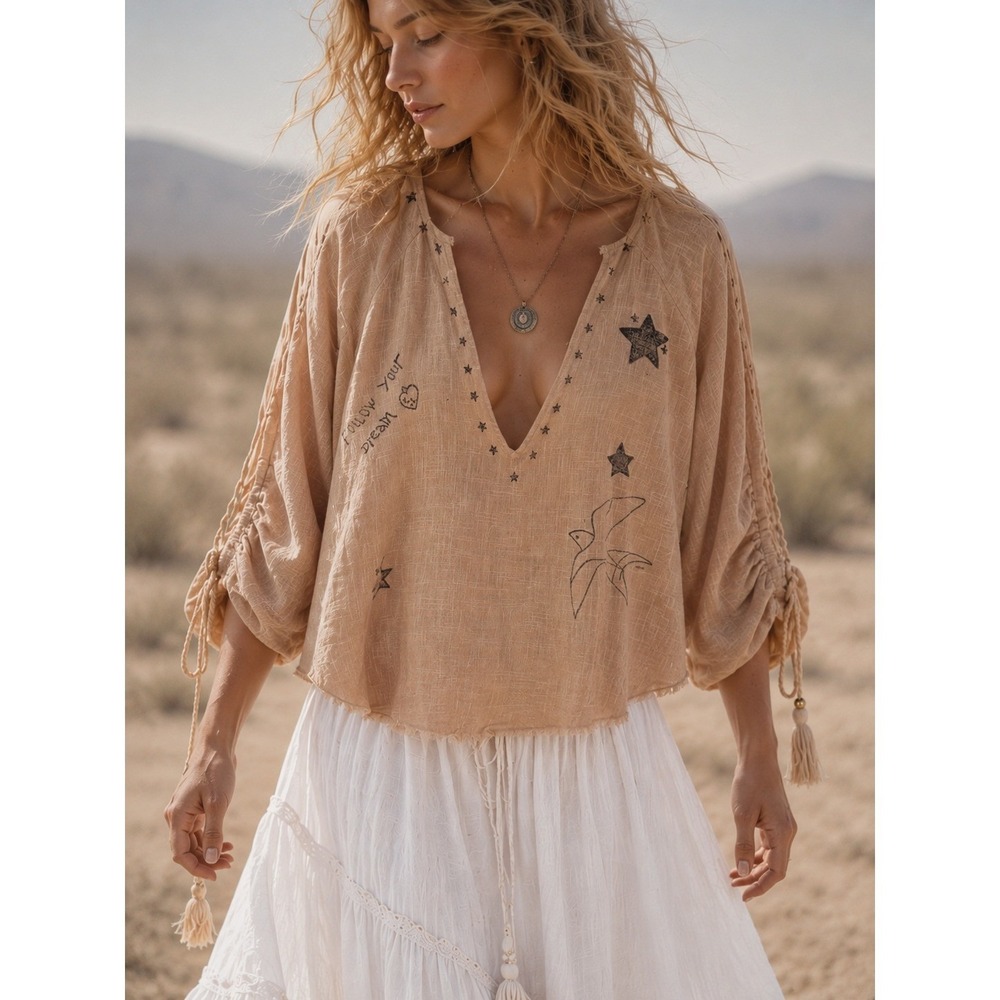 Z&L Europe Womens Artisan Cotton Gauze Blouse S‎ Artsy Balloon Laced Sleeve Boho
